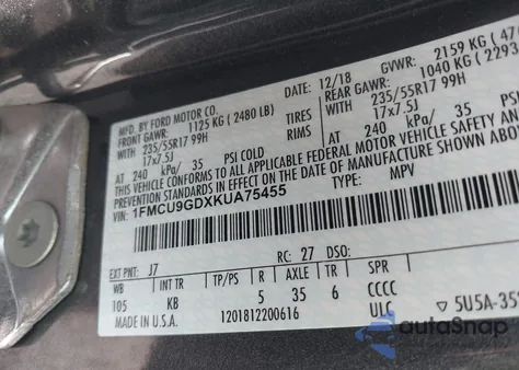 2019 Ford Escape Se z USA, uszkodzony, nr VIN 1FMCU9GDXKUA75455